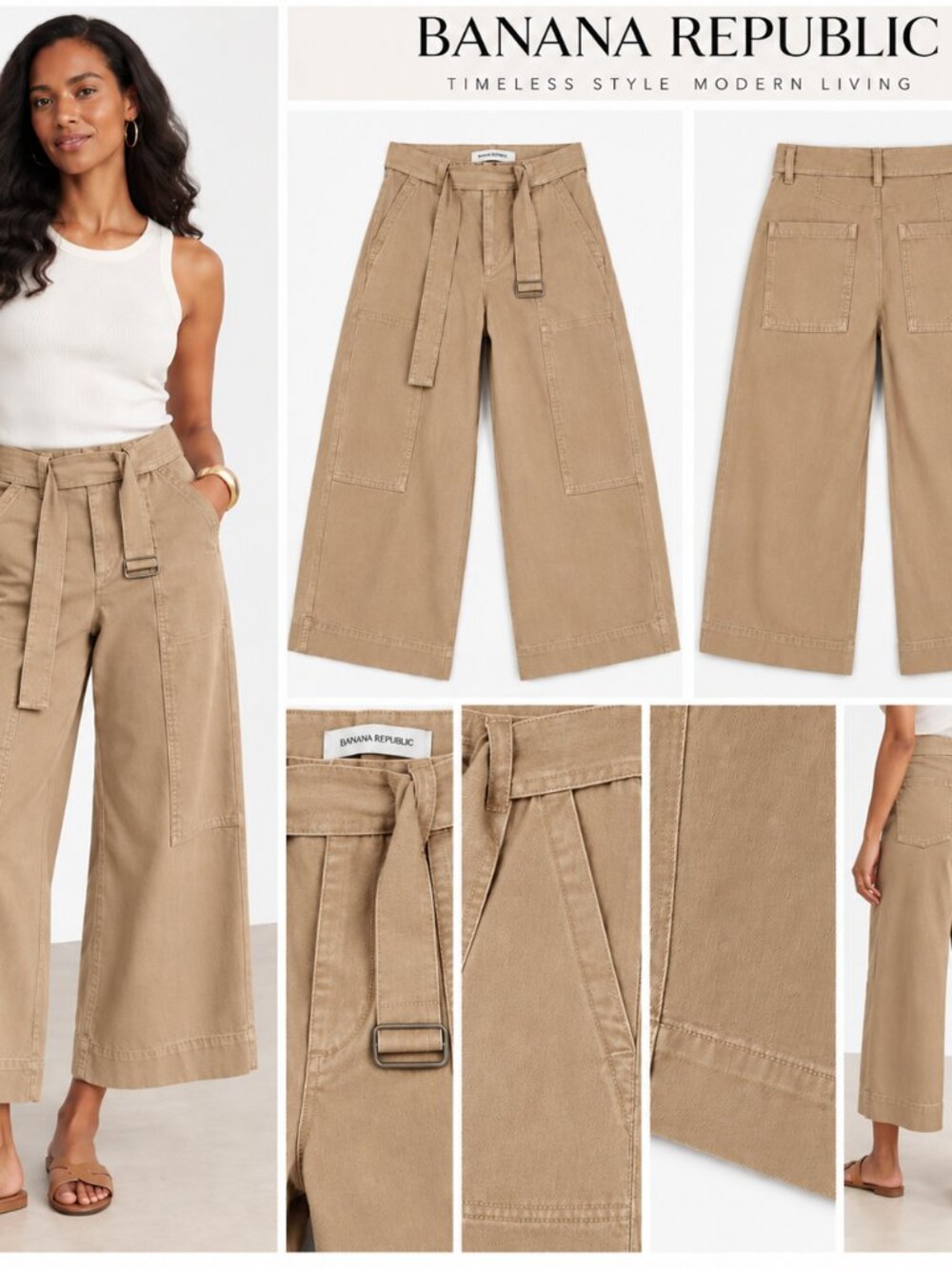 Banana Republic Tan Belted Wide Leg Pants Utility Chic Quiet Luxury Sz 12